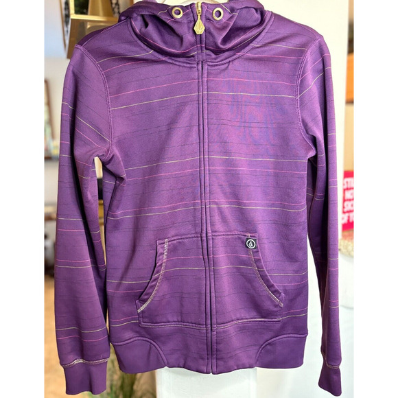 VOLCOM Purple Y2K Skater Striped Full Zip Gold Trim Hoodie Jacket SZ Small - Picture 2 of 7